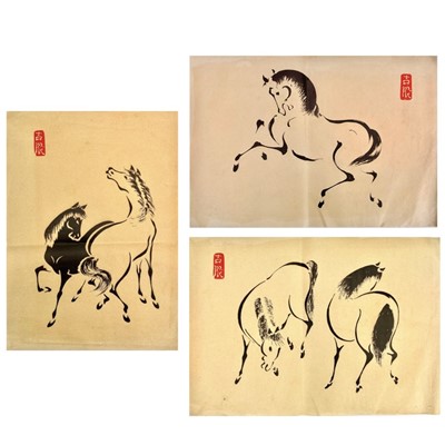 Lot 341 - Three Chinese ink prints of horses.