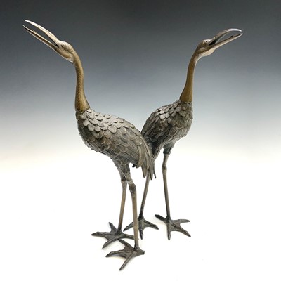 Lot 199 - A pair of Japanese bronze models of cranes,...