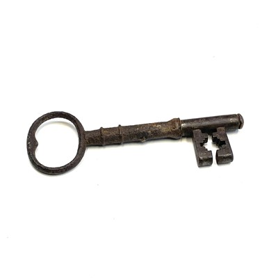 Lot 106 - A 19th century iron door lock and key the oak...