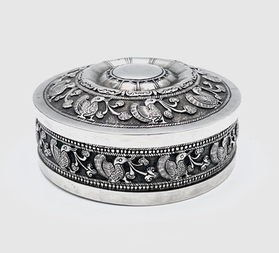 Lot 198 - A Chinese silver cylindrical jar and cover,...