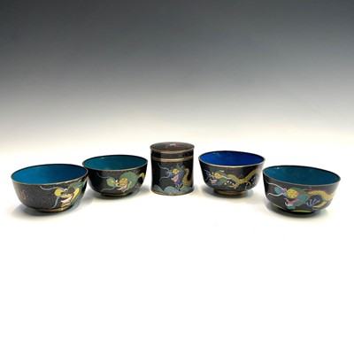 Lot 204 - Four Chinese cloisonne bowls and a cylindrical...