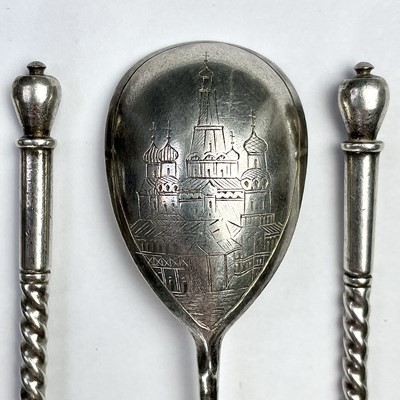 Lot 101 - A Russian set of six silver spoons with...