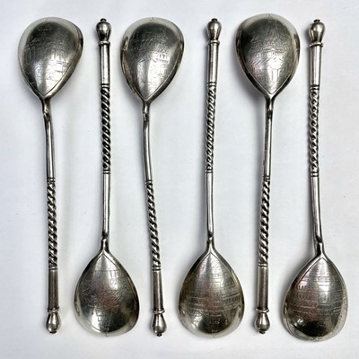 Lot 101 - A Russian set of six silver spoons with...