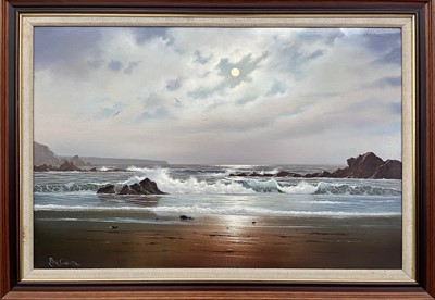 Lot 1558 - Peter Cosslett Moonlight sea scape Signed, oil...