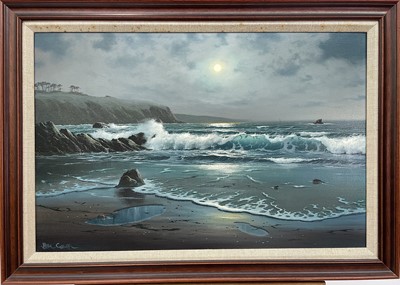 Lot 1559 - Peter Cosslett moonlight seascape Signed, oil...