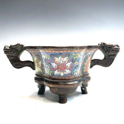 Lot 222 - A Chinese bronze and cloisonne enamel censer,...