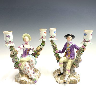 Lot 927 - A pair of Meissen figural candelabra, late...