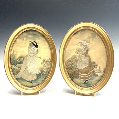 Lot 2802 - A pair of Regency silk work oval pictures, of...