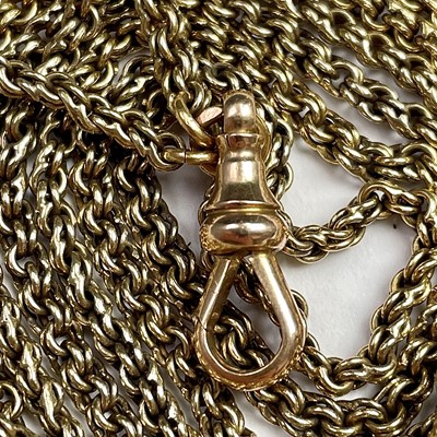 Lot 663 - A 9ct gold fancy link long guard chain, length...