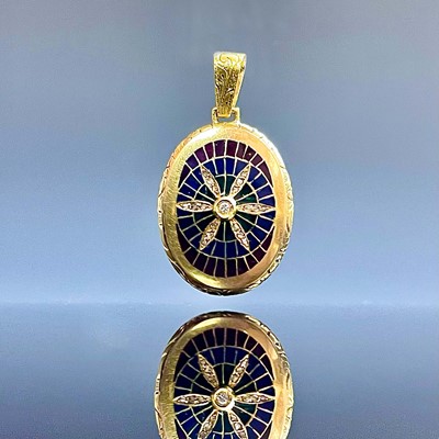 Lot 890 - An 18ct gold plique a jour diamond set pendant...