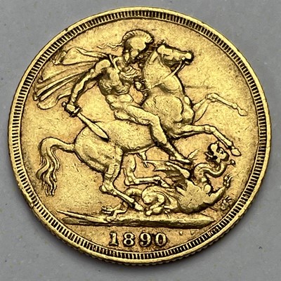 Lot 828 - Victoria 1890 full sovereign coin, Jubilee bust.