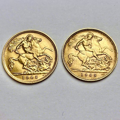 Lot 844 - Two 1905 half sovereign coins.