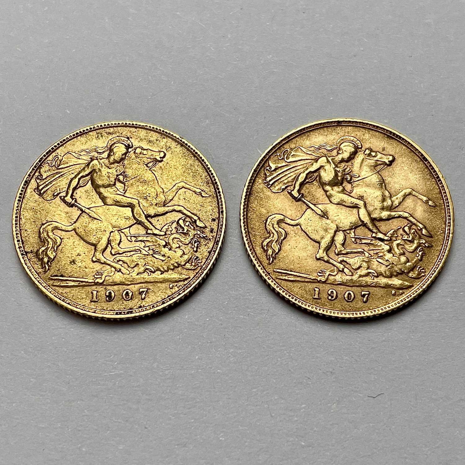 Lot 852 - Two 1907 half sovereign coins.