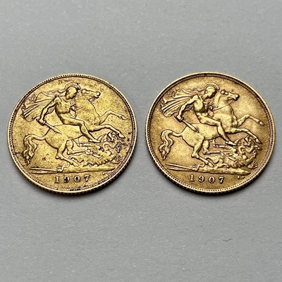 Lot 852 - Two 1907 half sovereign coins.