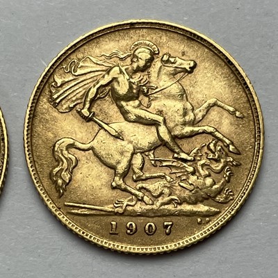 Lot 852 - Two 1907 half sovereign coins.