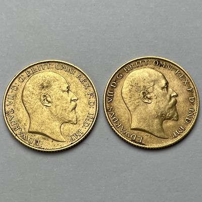 Lot 852 - Two 1907 half sovereign coins.