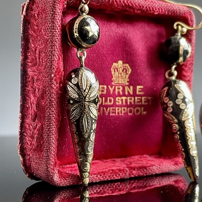 Lot 624 - A pair of Victorian gold and silver pique drop...