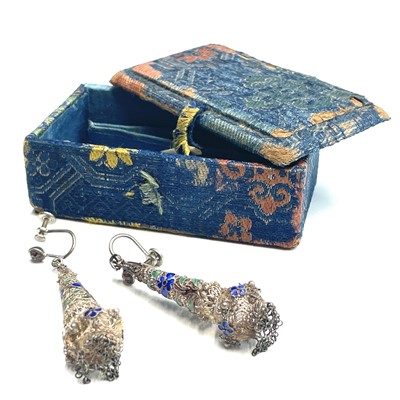 Lot 364 - A pair of Chinese silver filigree pendant drop...