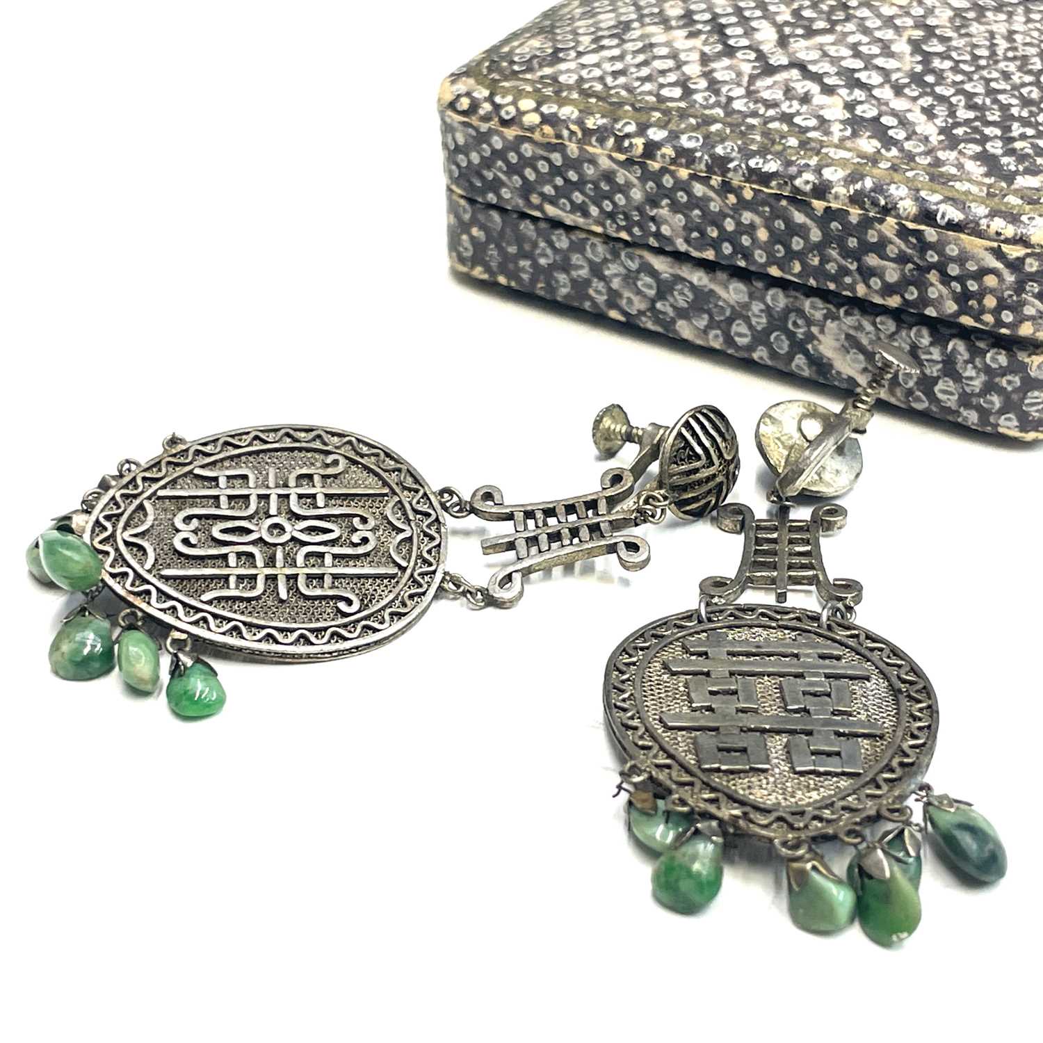 Lot 365 - A pair of Chinese silver pendant drop earrings,...