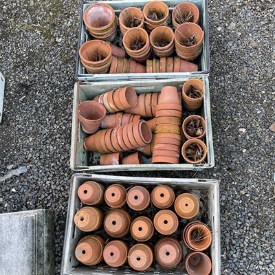 Lot 629 - Three crates of terracotta plant pots of...