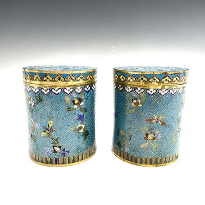 Lot 494 - A pair of Chinese cloisonne cylindrical jars...