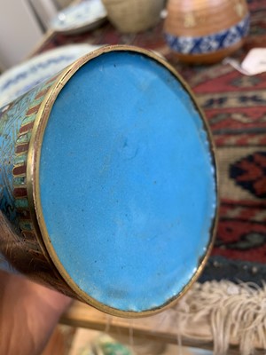 Lot 494 - A pair of Chinese cloisonne cylindrical jars...