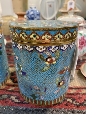 Lot 494 - A pair of Chinese cloisonne cylindrical jars...