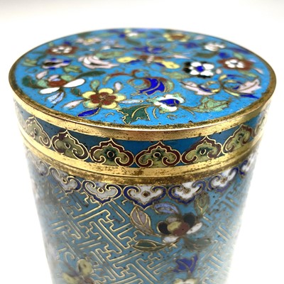 Lot 494 - A pair of Chinese cloisonne cylindrical jars...