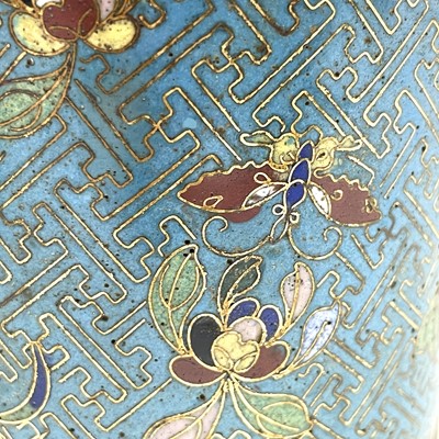 Lot 494 - A pair of Chinese cloisonne cylindrical jars...