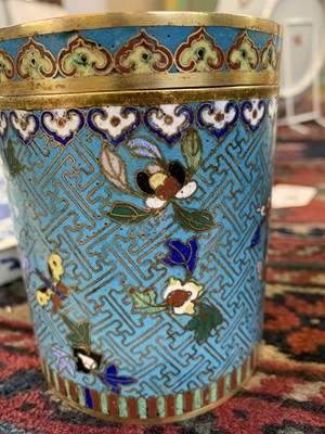 Lot 494 - A pair of Chinese cloisonne cylindrical jars...