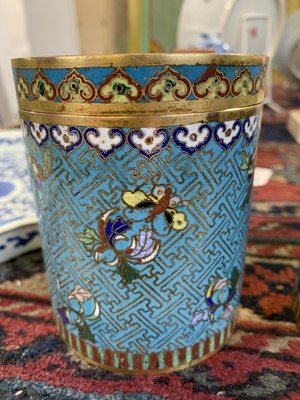 Lot 494 - A pair of Chinese cloisonne cylindrical jars...