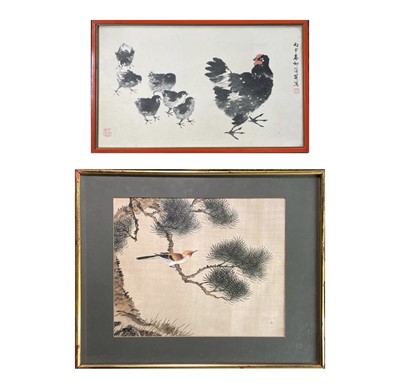 Lot 575 - A Chinese painting on silk of a bird perched...