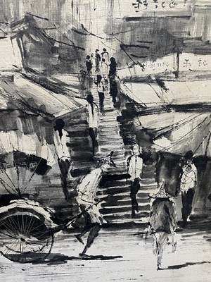 Lot 156 - Hong Kong Street Scene, Ink on canvas,...
