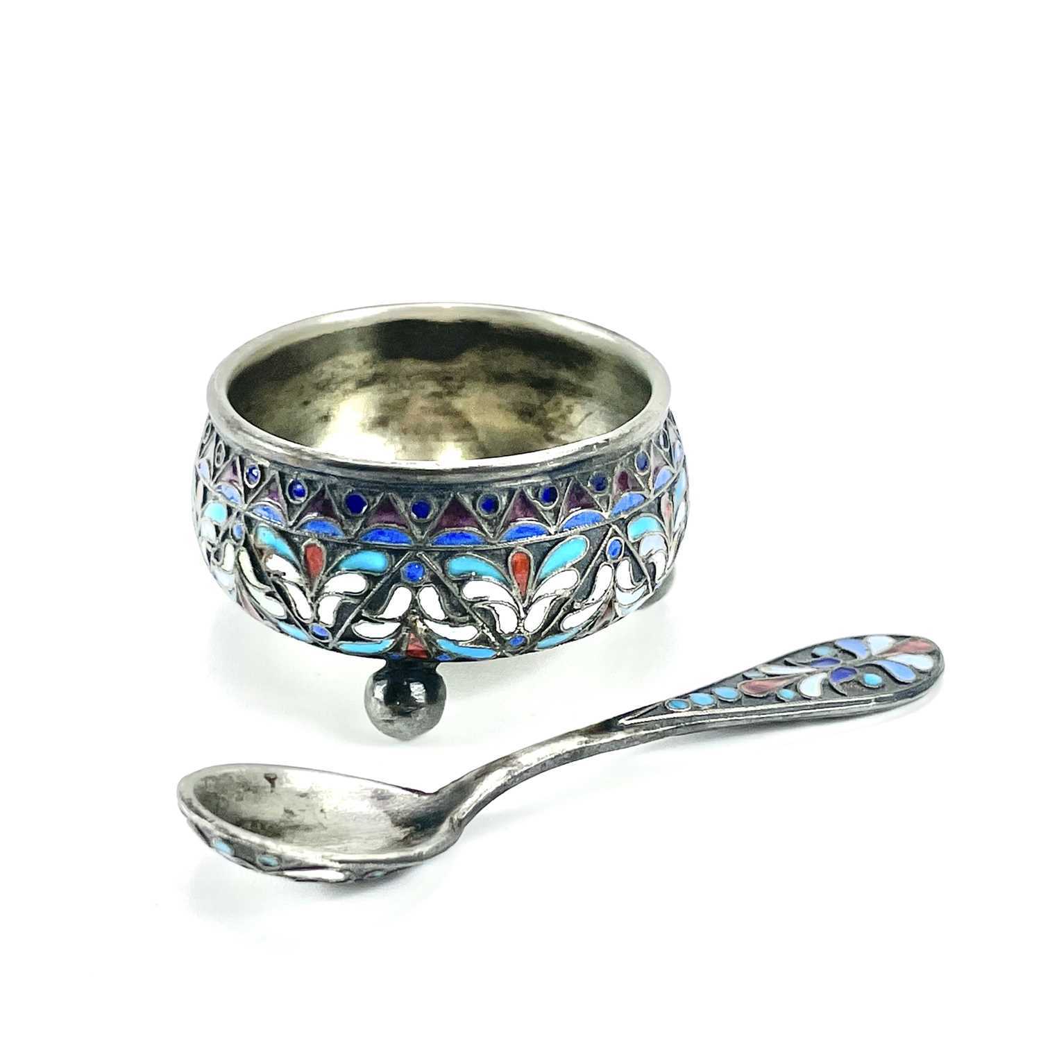 Lot 143 - A Russian silver and enamel salt and salt...