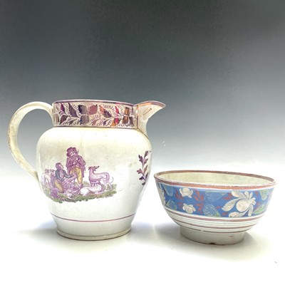 Lot 848 - A pink lustre jug, printed and coloured with...