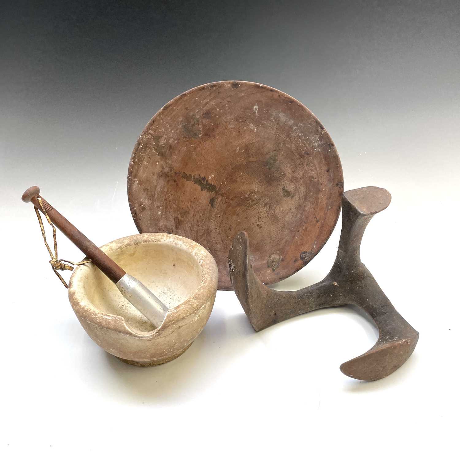 Lot 75 - A ceramic mortar and a pestle, a boot last and...