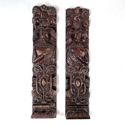 Lot 124 - A pair of 17th Century oak panels carved with...