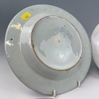 Lot 47 - Three English Delft plates and a bowl, 18th...