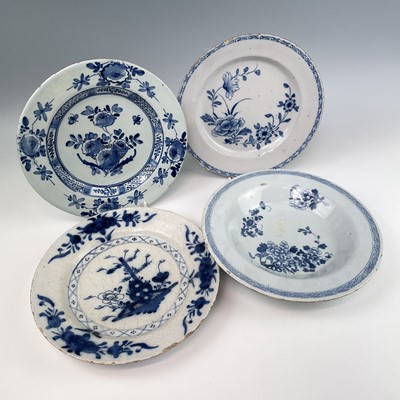 Lot 47 - Three English Delft plates and a bowl, 18th...