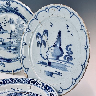 Lot 34 - Seven Delft blue and white plates and a lobed...