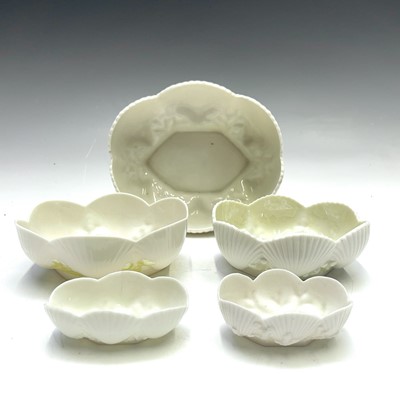 Lot 888 - A Belleek porcelain bowl, moulded with scallop...