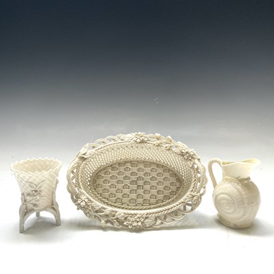 Lot 887 - A Belleek porcelain oval basket, with twin...