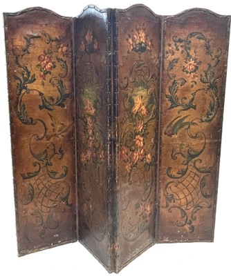 Lot 69 - A painted leather folding screen, 19th century,...