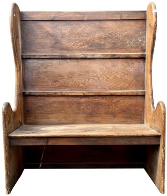 Lot 234 - A pine hall bench, circa 1900, the back with a...