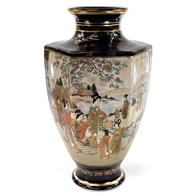 Lot 221 - A Japanese Satsuma porcelain hexagonal vase,...