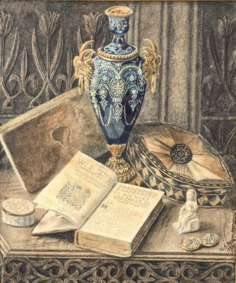 Lot 1427 - M E Ellis Still life with a book, a vase and...