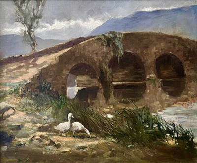 Lot 414 - Adrian STOKES (1902-1972) The Old Bridge Oil...