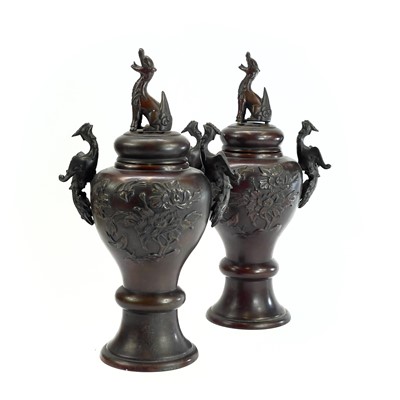 Lot 285 - A pair of Japanese bronze vases and covers,...