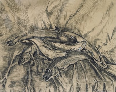 Lot 1421 - K Burgen (?) A charcoal fish study with white...