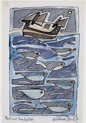 Lot 334 - William BLACK (XX) Boat and Shoal of Fish Ink...